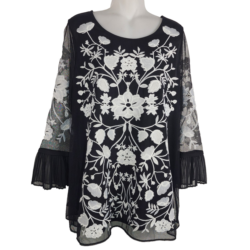 Charter Club Women Embroidered Top XL Mesh Sheer 3/4 Pleated Sleeve Floral Lined